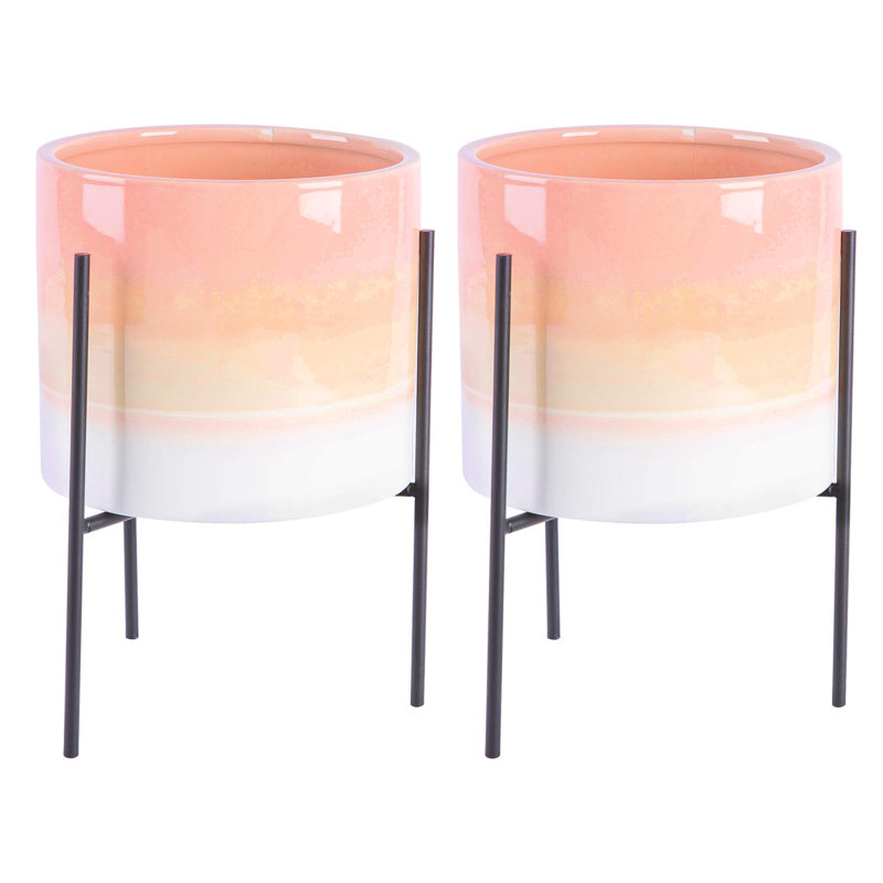 Nicola Spring - Reactive Glaze Plant Pots on Stands - 19cm, Pink/Black