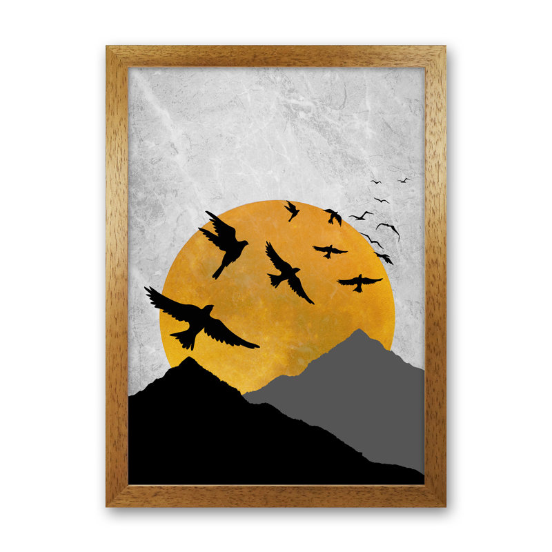 The Sunset Mountain Bird Flying - Print, 46cm H x 34cm W x 3cm D, Brown Framed