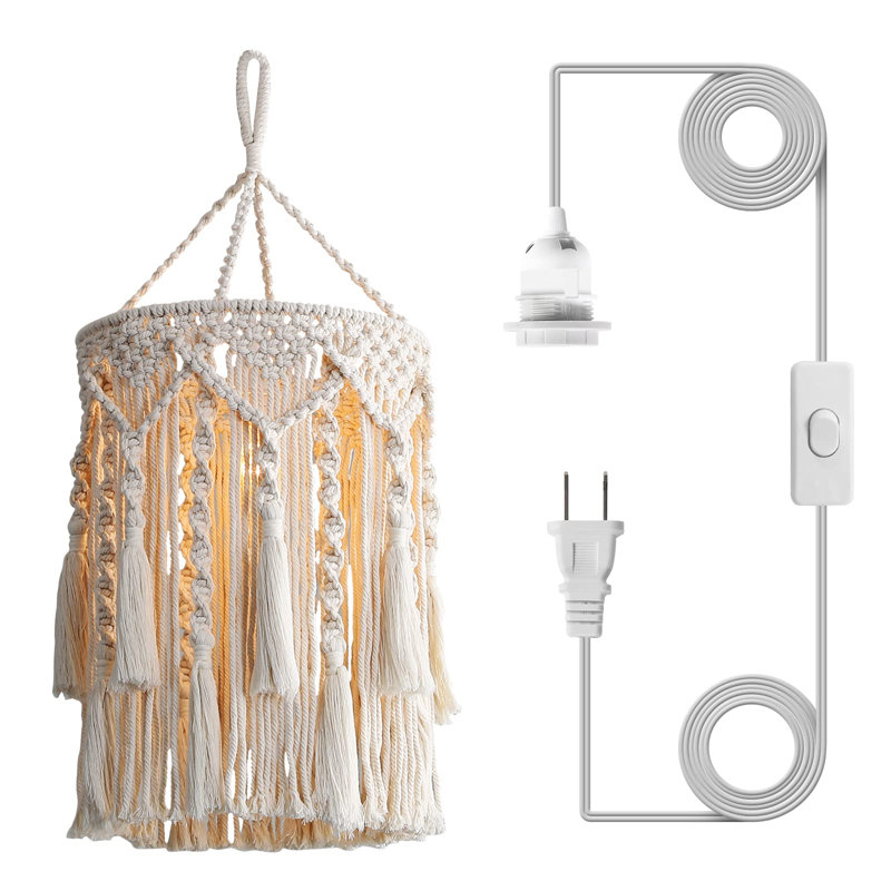 Handmade Boho Macrame Lamp Shade – Bohemian Plug-in Pendant Light with Cord