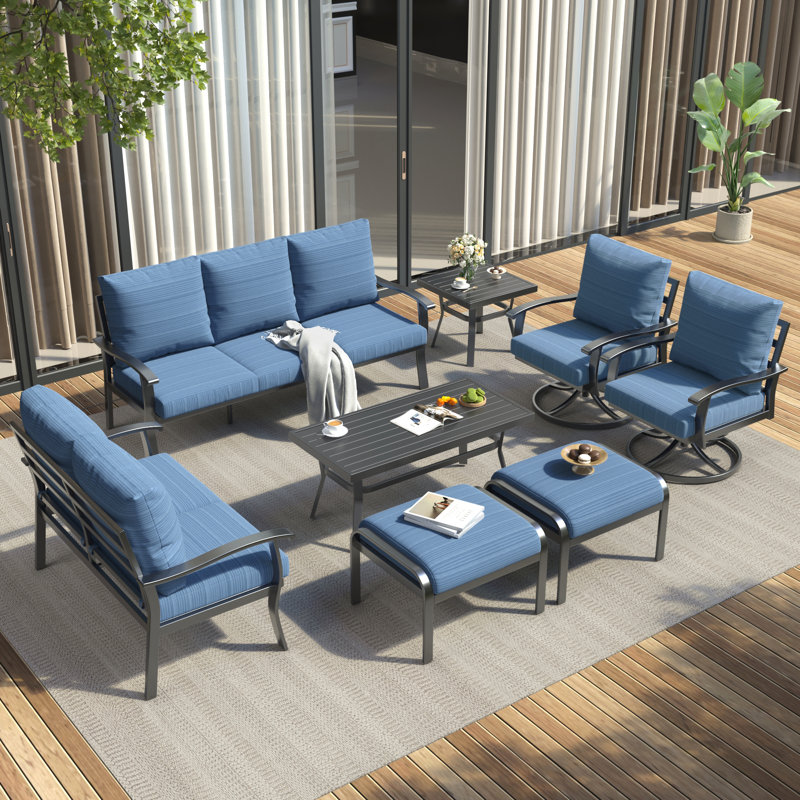 8 PCS Outdoor Metal Conversation Set For 9 Person, Blue