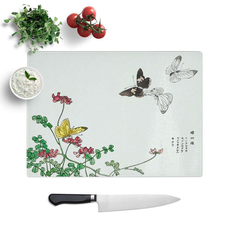 Tempered Glass Butterflies and Flowers Chopping Board, 39 cm W x 28.5 cm L