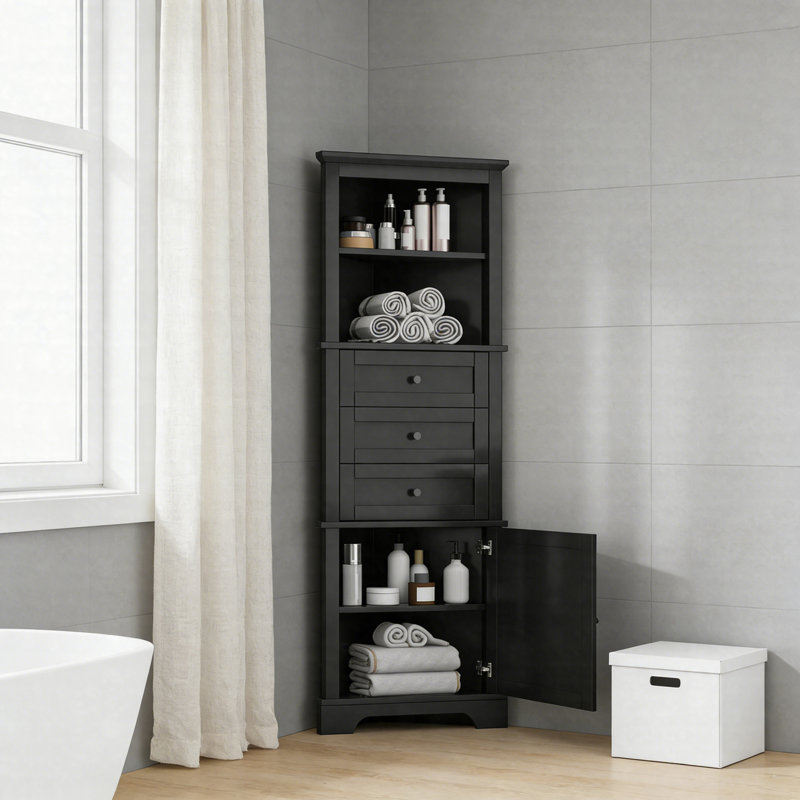 Triangle Tall Corner Cabinet With 3 Drawers And Adjustable Shelves, MDF Storage Cabinet For Bathroom, Kitchen, Or Living Room