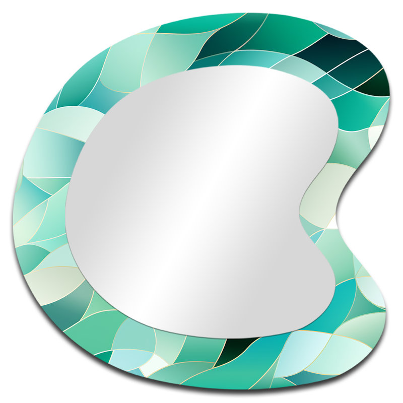 Funch Seaglass Light Green Mosaic Coastal Pattern - Abstract Asymmetrical Decorative Mirror, Green Irregular Shape Wall Mirror, Printed Metal Art