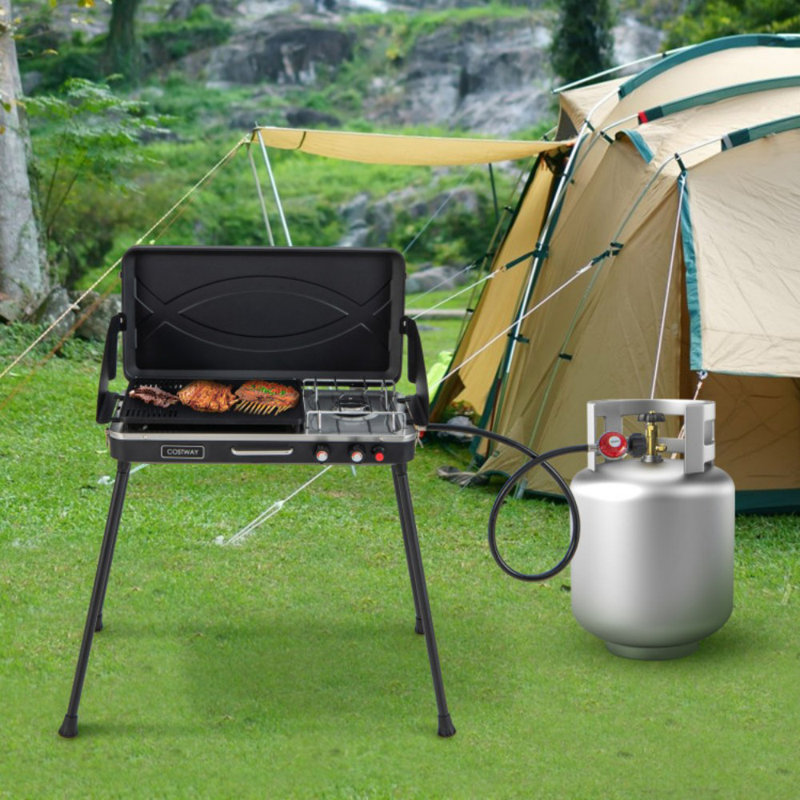 Barbecue et réchaud à gaz 2 en 1 avec 4 pieds amovibles, Noir, noir, noir, noir