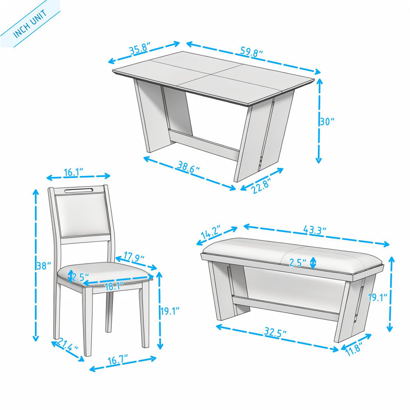Ensemble de table de salle à manger 6 pièces avec 4 chaises rembourrées et banc, Gris