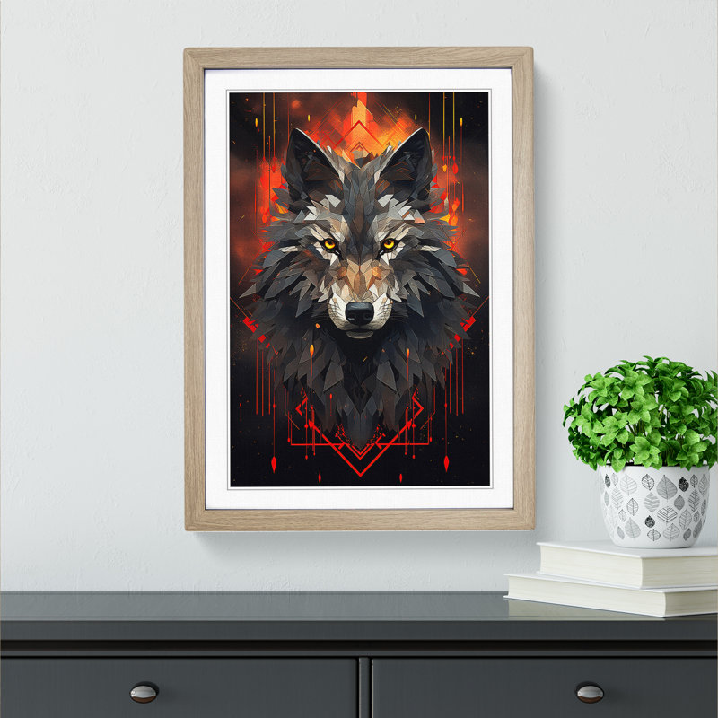 XYZ-FRM-V1223-1692 Wolf Geometric - Single Picture Frame Print on Wood, 64cm H x 46cm W x 2cm D, Oak 