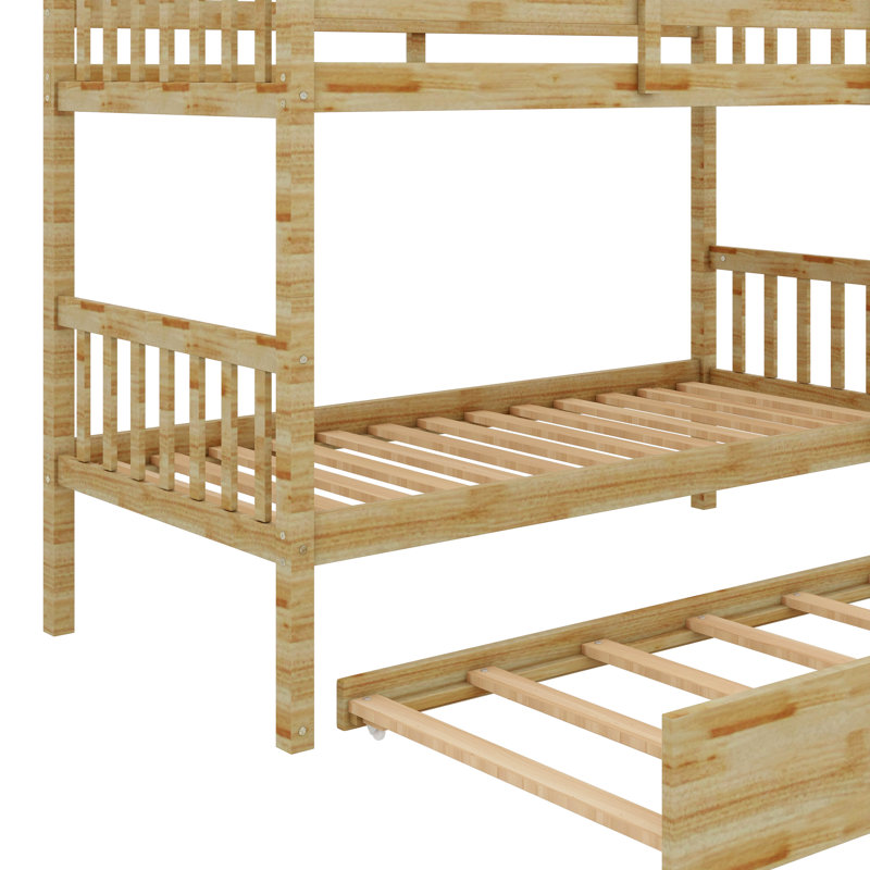 Twin-On-Twin Rubber Wood Bunk Bed Featuring Trundle, Transformable Into Two Separate Beds, Natural
