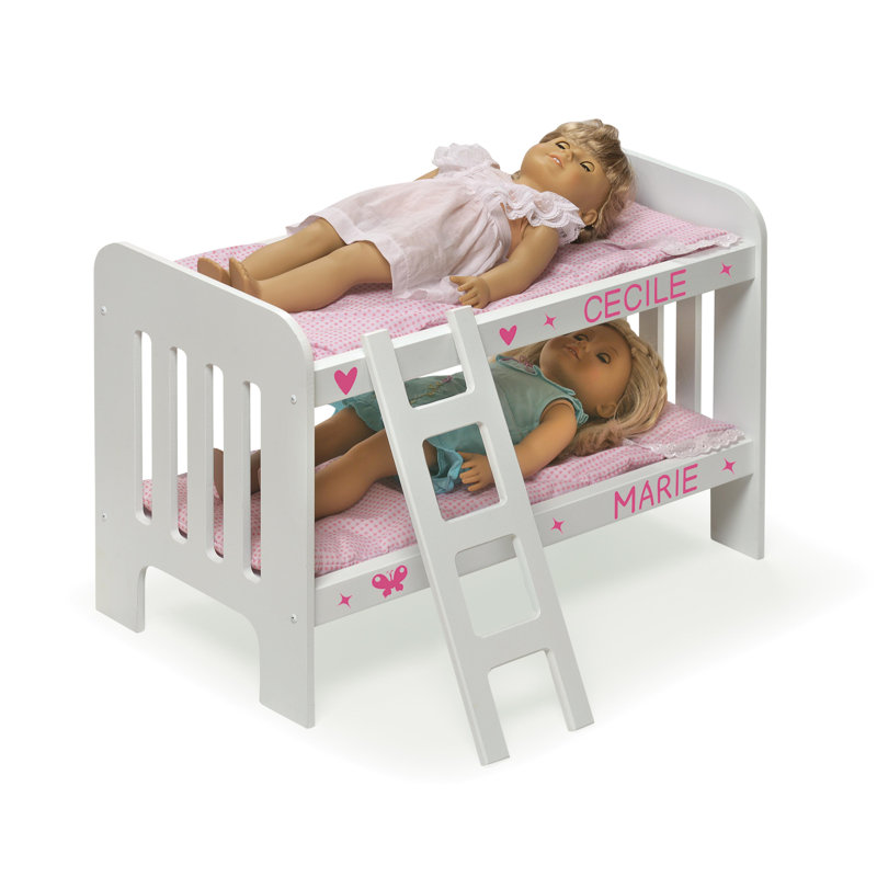 White and Pink Gingham Wooden Doll Bunk Bed with Ladder