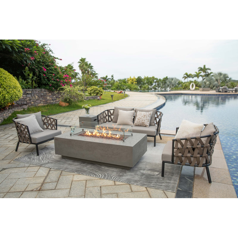 Madison 60" Travertine Natural Gas Fire Pit Table with Wind Guard And Burner Lid, Light Gray