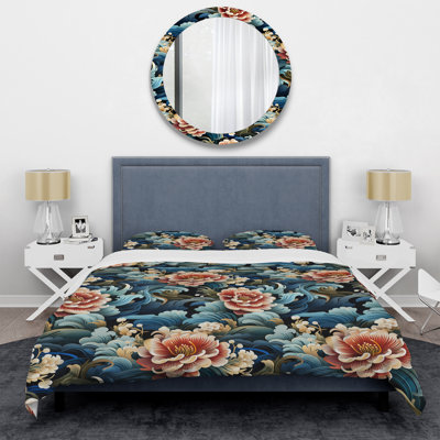 Design Art Ming Dynasty Resonance I - Oriental Duvet Cover Set - Microfiber Polyester In Blue;green;orange