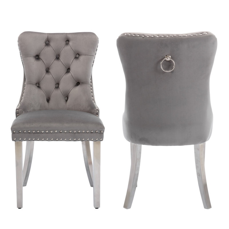 Tufted Velvet Wing Back Side Dining Chairs, Gray, Brushed Nickel