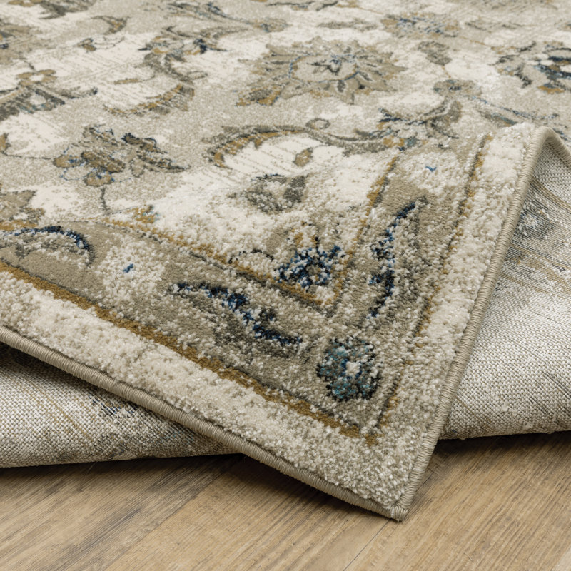 Tapis beige / bleu / gris à motif floral Nidia, Tapis de couloir 2 pi 3 po x 7 pi 6 po