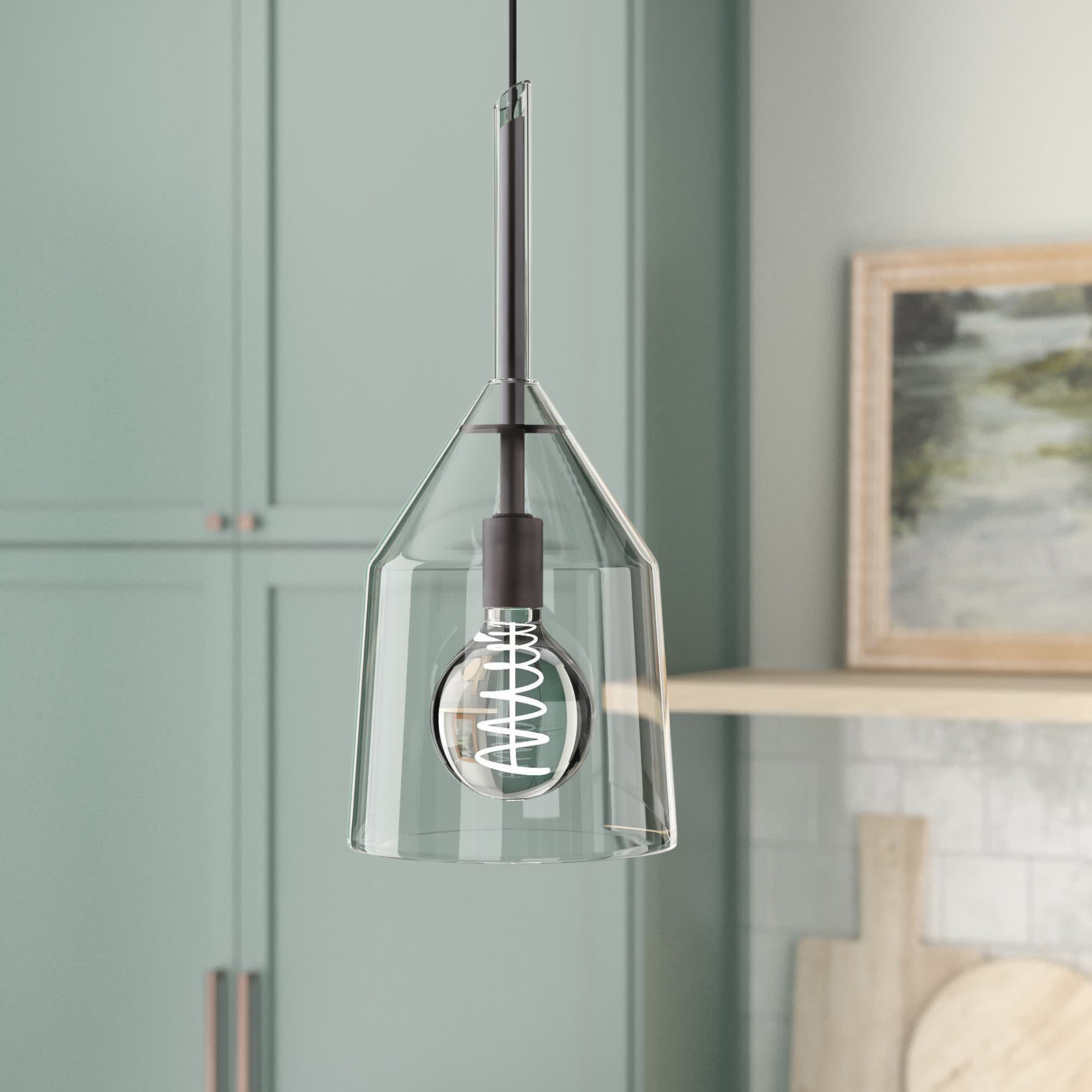 Maya Single Light Glass Dimmable Pendant, Polished Nickel, 23" H x 9.5" W x 9.5" D