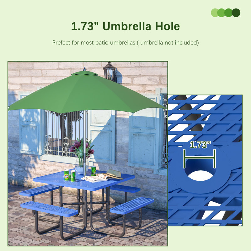 Table de salle à manger en métal avec trou pour parasol, Bleu