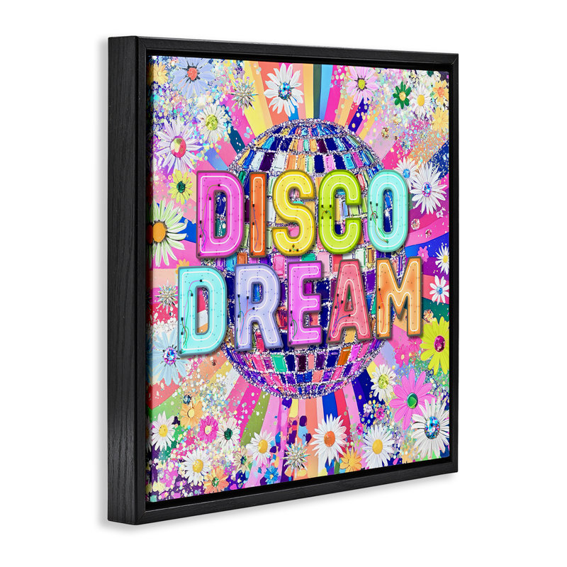 Vivid Disco Dream with Daisies Floating Frame, design by Jess Stempel, Jet Black Floater Frame, 18" H x 18" W