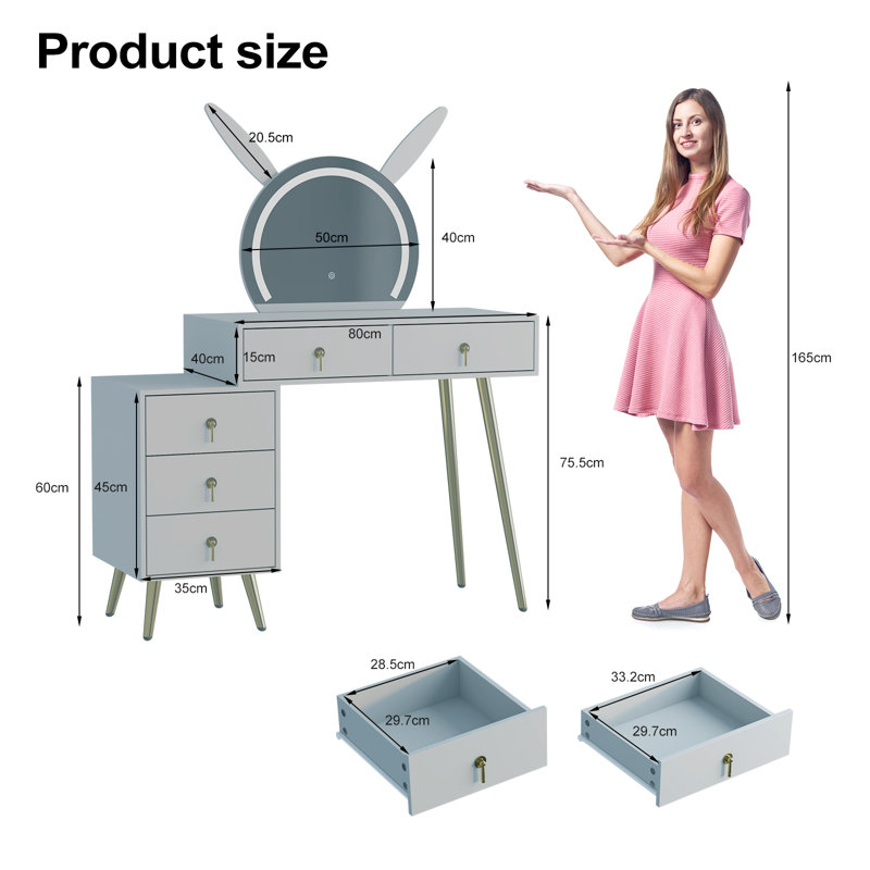 Tamme Modern Vanity Table with LED Mirror, 5 Drawers and Metal Legs, Grey