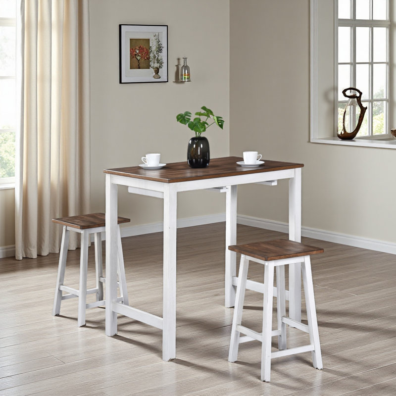 [Ensemble de salle à manger 3 pièces à hauteur de comptoir] Table basse avec 2 tabourets, Brun / Blanc