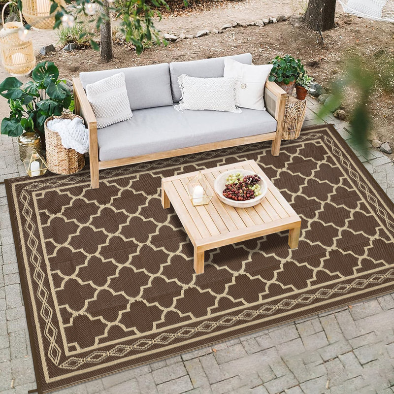 Tapis d'extérieur imperméable à l'eau Patio Tapis de paille en plastique réversible Tapis de camping rétro, Beige