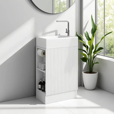 18" Small Freestanding Bathroom Vanity With Toilet Paper Holder & 1 Soft-Close Door, Left Or Right Storage
