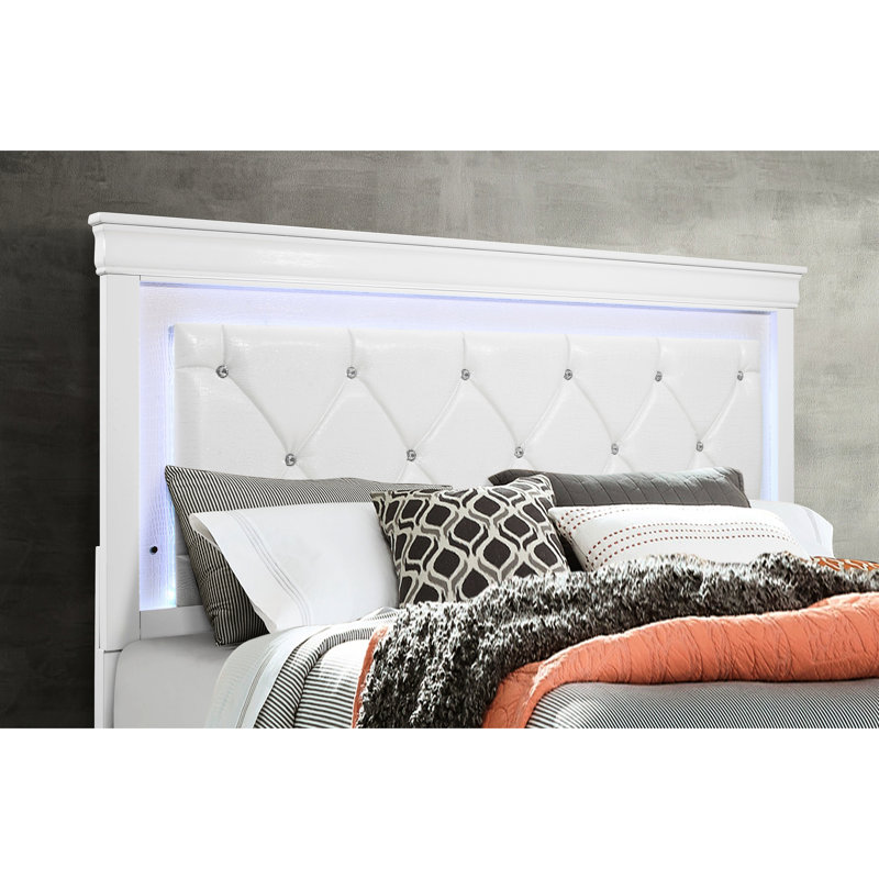 Cadre de lit grand lit blanc avec tête de lit rembourrée d'inspiration DEL et cristal, style contemporain pour chambre à coucher, cadre en bois d'hévéa massif, revêtement en bois d'hévéa, profondeur 63,87 po, largeur 82,58 po, hauteur 56,01 po,