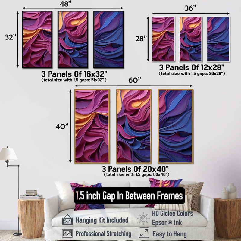 Art mural géométrique bleu et mauve, Cadre flottant noir, H 28 po x l 36 po x P 1 po