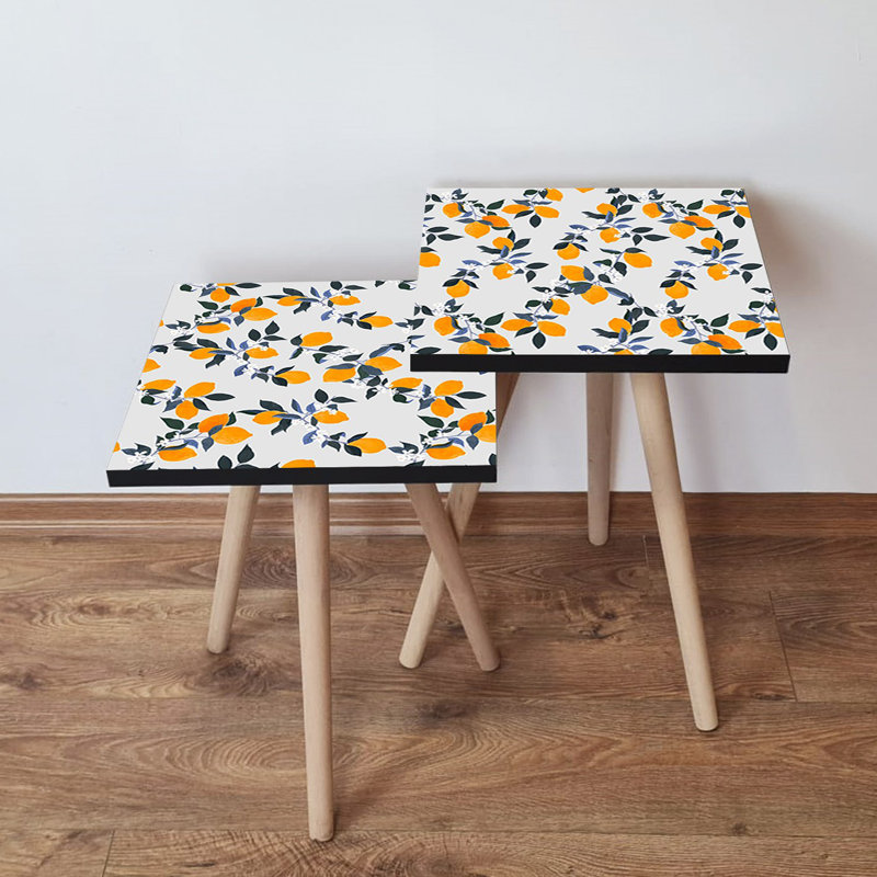 Modern Nesting Table Set (2 Pieces), White with Orange & Green Accents, 13.8 x 18.5 x 13.8 in & 13.8 x 16.5 x 13.8 in | 100% MDF with Beech Wood Legs, Stylish & Functional for Living Room or Office Decor