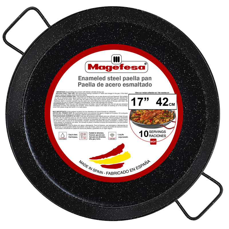 Poêle à paella en acier émaillé de 17 pouces Magefesa - 42 cm - 10 portions, idéale pour cuisiner à l'extérieur et préparer votre propre paella de Valence traditionnelle, facile à nettoyer
