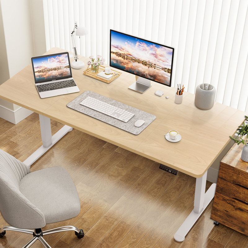 Height Adjustable T-Shaped Computer Desk 180 x 80cm Electric Standing Desk with USB Charging, Beige, White