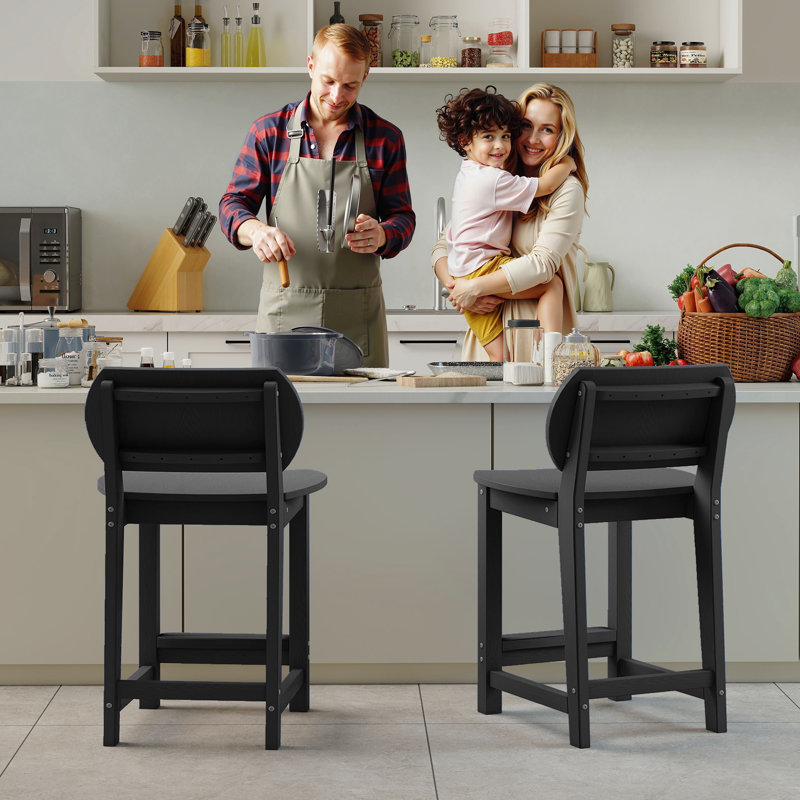 Tabourets de bar de patio en PEHD avec repose-pieds (lot de 2), Black, Noir