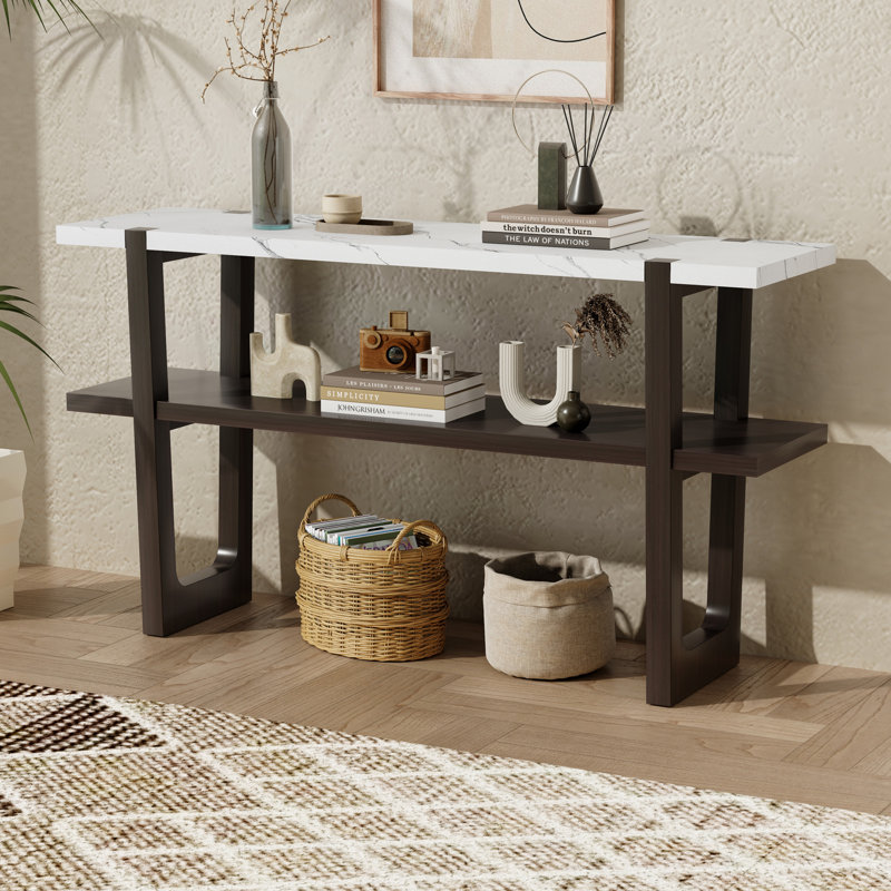 Narrow Console Table with Marble-Effect Top, Retro Entryway Table with Open Shelf, Sofa Table for Entryway, Hallway and Living Room (Espresso)