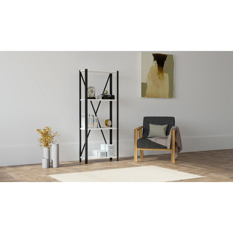 Bibliothèque moderne, blanche et noire, 23,6 po x 58,9 po x 11,4 po | 100% panneau de particules enduit de mélamine, épaisseur de 0,71 pouce | Structure en métal robuste, conception murale | Idéal pour le bureau à domicile, le salon et les espaces d'étude