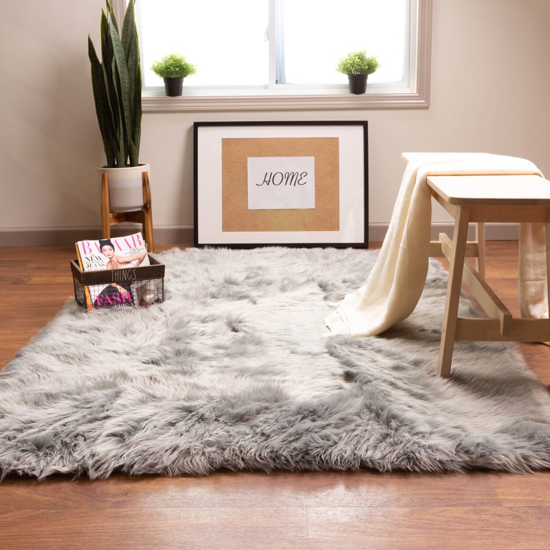 Diller Gray Faux Sheepskin Fur Machine Washable Shag Fluffy Area Rug, Rectangle 2' x 3'