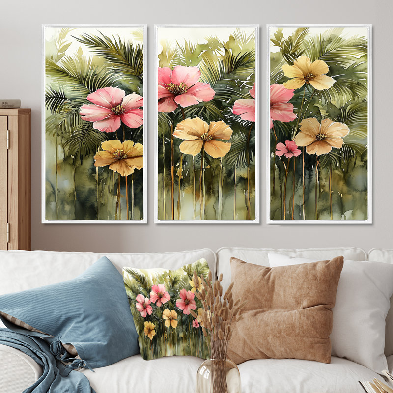 Hibiscus tropical dans une symphonie de printemps II - art mural hibiscus - 3 panneaux, H 28 po x l 36 po, Blanc