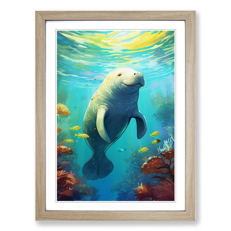 Manatee Nouveau - Single Picture Frame Print on Wood, Oak Framed, 64cm H x 46cm W x 2cm D