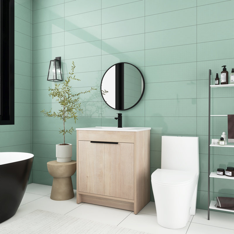 30'' Single Bathroom Vanity with Ceramic Top, Plain Light Oak
