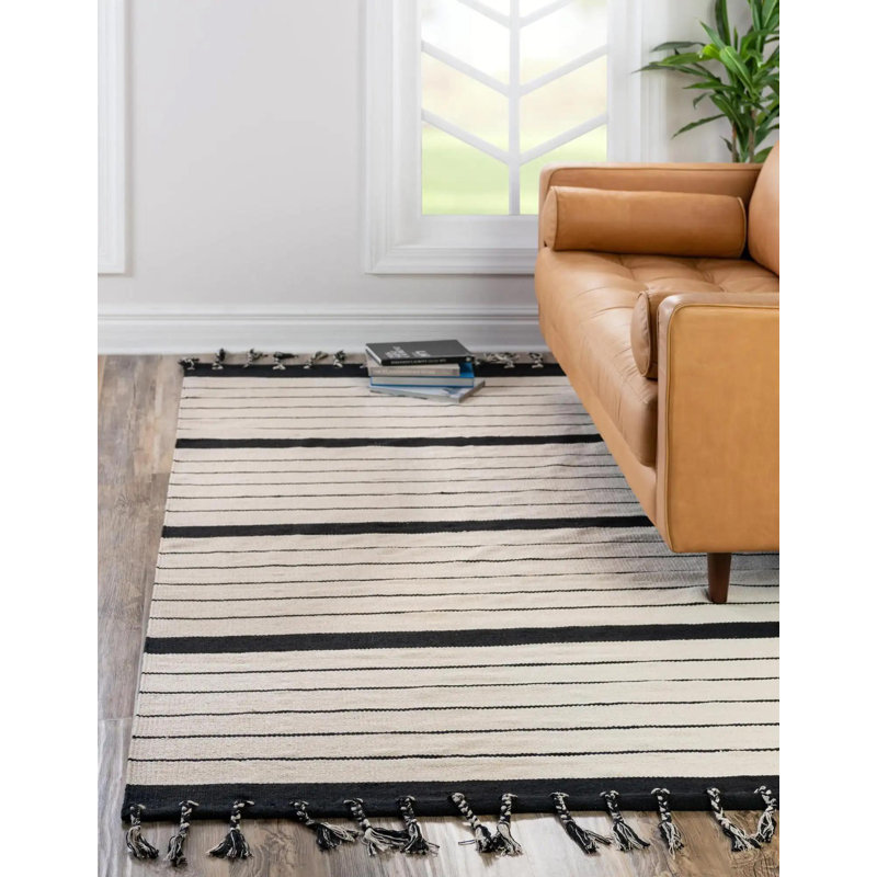 Tapis noir / blanc en coton tissé à la main Chindi, Rectangle 8 pi x 10 pi