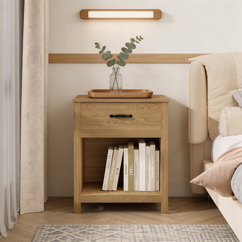Table de chevet en bois avec tiroir et tablette ouverte, table de chevet moderne avec rangement – ​​Table d'appoint en bois finition naturelle pour chambre, salon ou appartement, brun