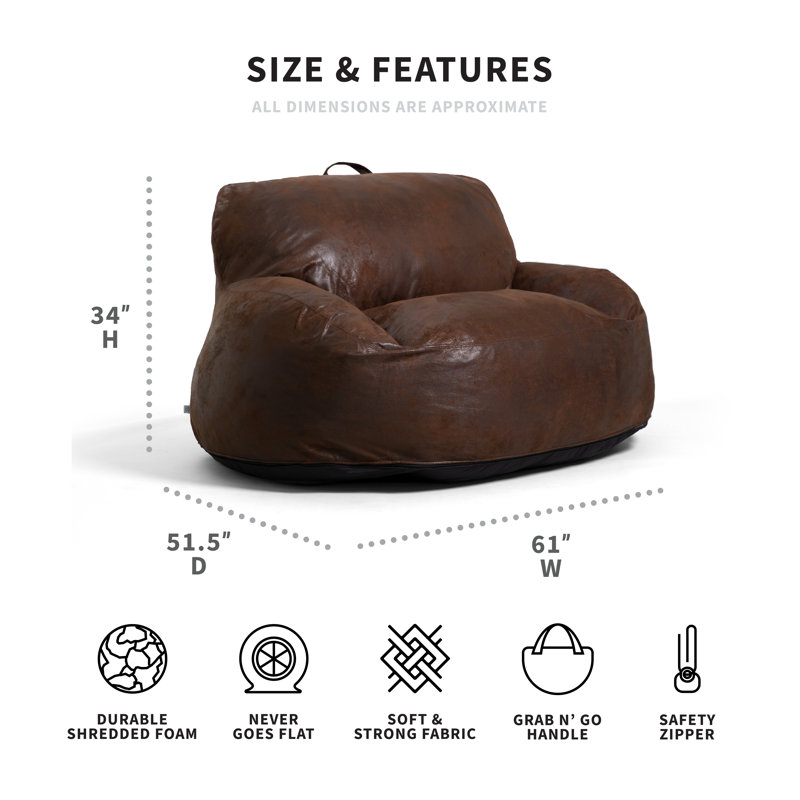 Big Joe Faux Leather Bean Bag Sofa, Espresso Polyester