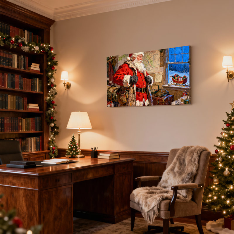 Père Noël de Noël en atelier avec traîneau et cadeaux, ensemble de 3 impressions sur toile, H 20 po x l 30 po