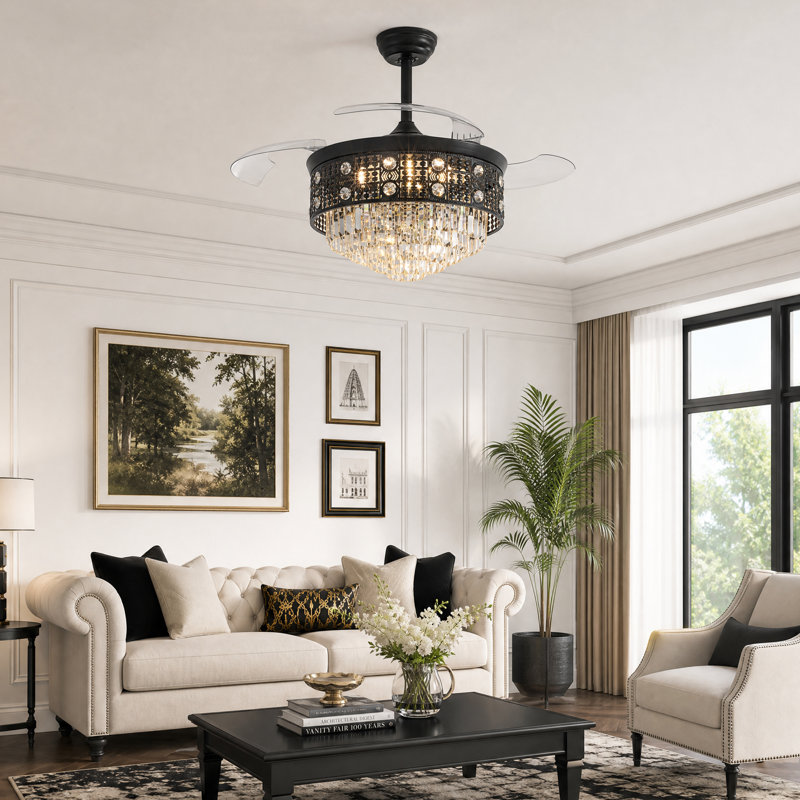 48" Dimmable Crystal Ceiling Fan Retractable Blades Ceiling Fan with LED Light and Remote Control