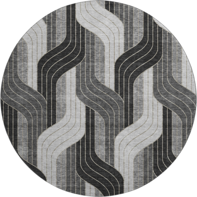 Premium Machine Washable Mayfield AMF2422 Striped Rug, 8' Round, Black