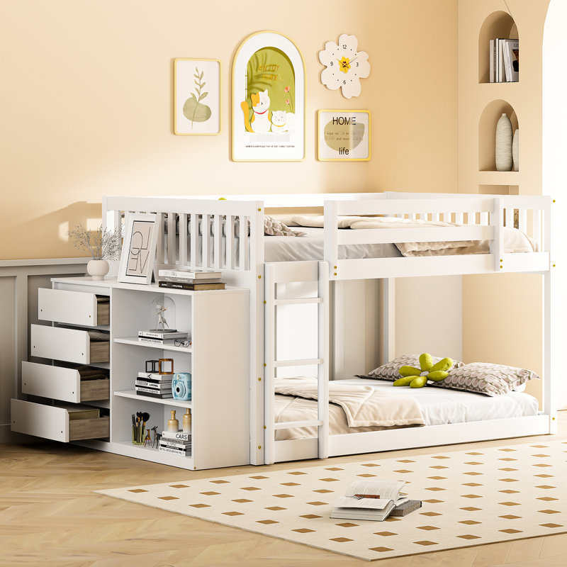 Lit superposé double blanc avec construction solide et rangement fonctionnel en bois de pin blanc, Lit double, Blanc