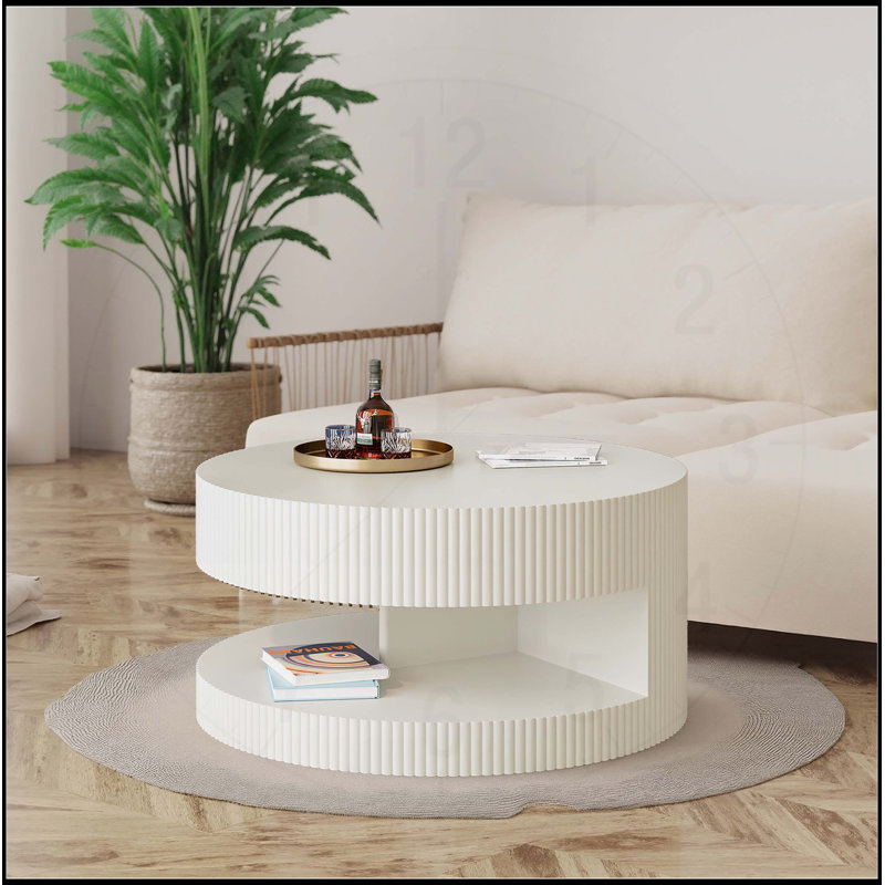31.5'' Round Coffee Table with Storage, Vertical Stripe Design for Living Room and Bedroom, White