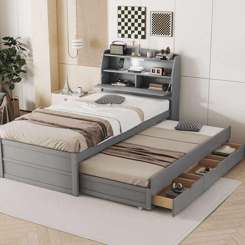 Wooden LED Platform Bed with Trundle, Storage Headboard and Drawers