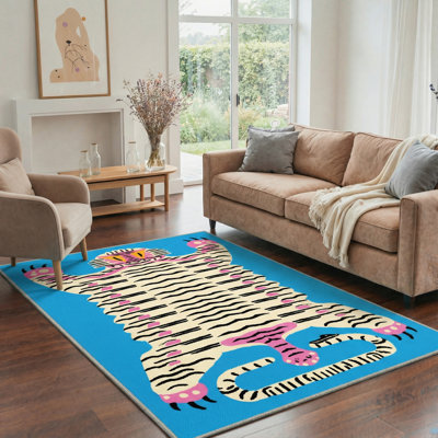 Kai Tiger Animal Print Machine Washable Blue / Pink / Beige Indoor Area Rug with Non-Slip Backing