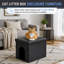Ce grand pouf-banc noir en forme de L, dissimulant une litière, combine le contrôle des odeurs avec une conception de meuble à l'épreuve des chiens, un intérieur imperméable, des surfaces faciles à nettoyer et un assemblage simple.