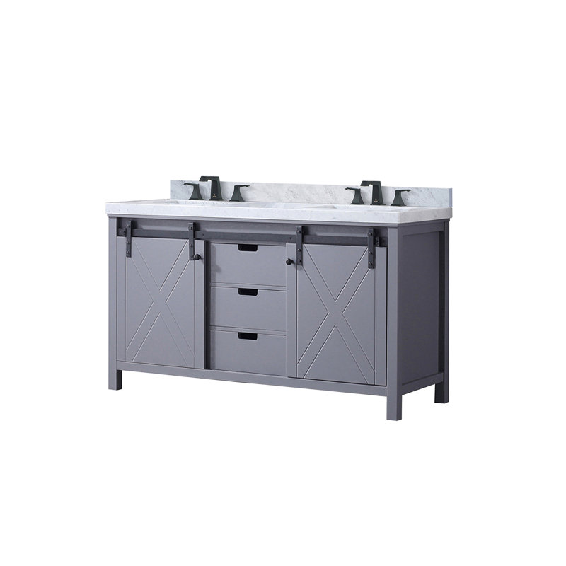 Ensemble de meuble-lavabo double gris foncé l 60 po x P 22 po, comptoir en marbre de Carrare et robinet