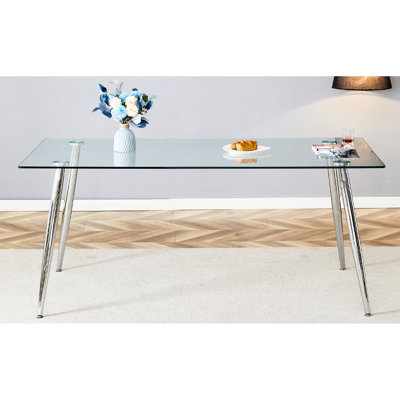 Élégante table en verre avec structure en métal argenté, 35,4 po de largeur x 71 po de longueur, convient à 4 à 6 personnes, support de salle à manger rectangulaire sophistiqué, 30,42 po de hauteur, sièges 4 à 6, look moderne