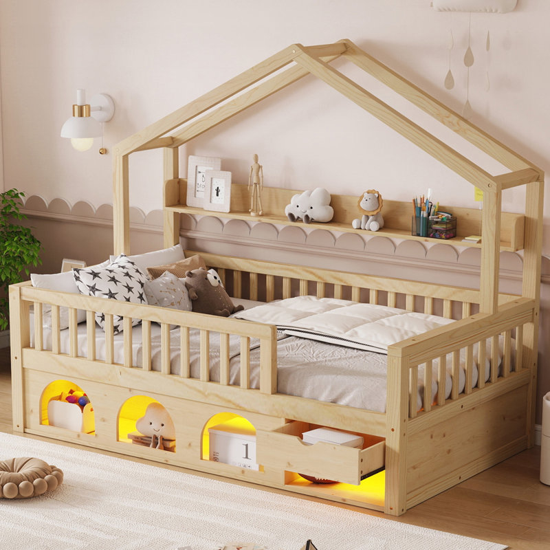 Cadre de lit simple pour enfant, lit pour enfant en bois avec garde-corps de sécurité et rangement sous le lit, Natural