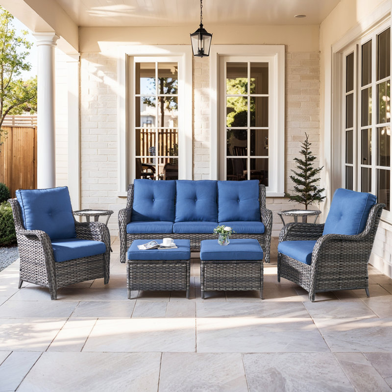 Bonia Wicker 5 - Person Patio Conversation Set with Cushions, Blue, Gray
